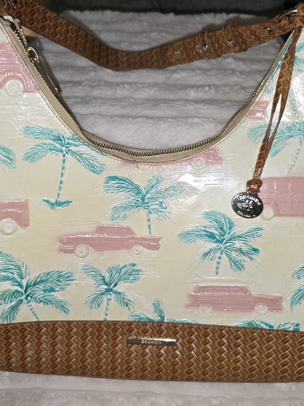 Brahmin Tabitha Copa Cabana Palm Print Leather Hobo Bag in Cream, Pink & Teal